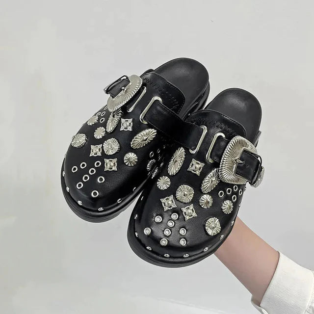 Punk Rock Vintage Cutout Rivets PU Mule Slippers